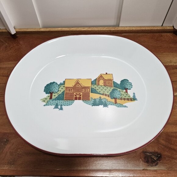 Corelle Corning Landscape Oval Serving Platter 12" red rim logcabin trees feilds - Picture 3 of 10